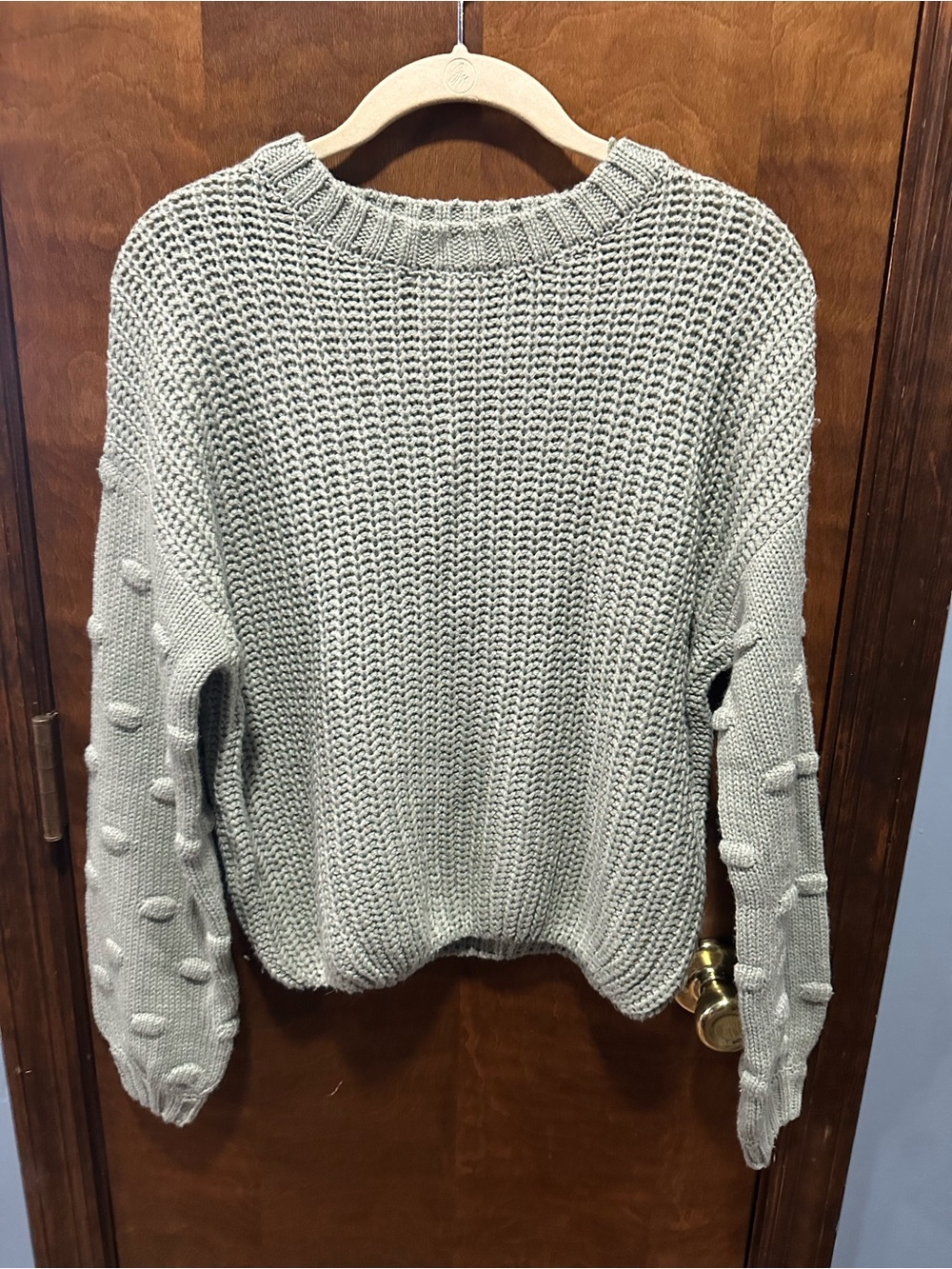 Jessica Simpson Sage Green Chunky Knit Pom Pom Sleeve Sweater Size XS